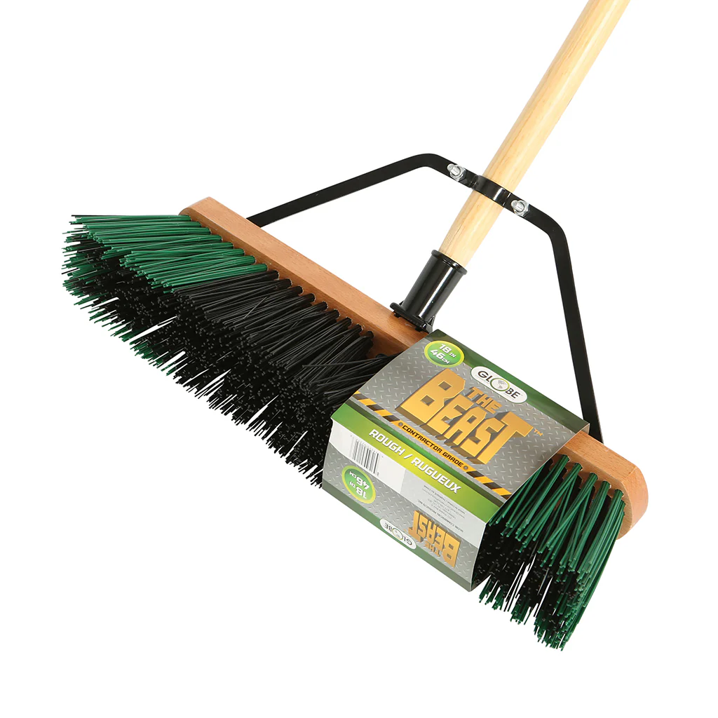 The Beast™ Assembled Wood Block Contractor Push Brooms - 18"L Head/ Rough Bristles / Black/ Green