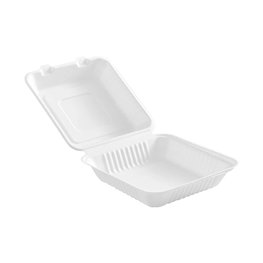 Compostable Hinged Containers - 6" X 6" X 3" / White